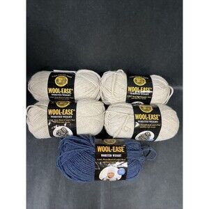 5 Lion Yarn WOOL EASE Worsted Wt Wool Blend Skeins 98 Natural Heather/ 115 Blue
